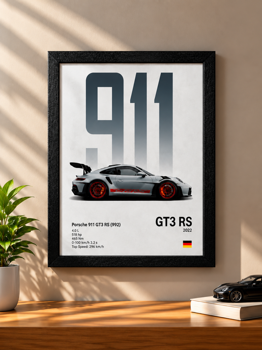 Porsche 911 GT3 RS Framed Wall Art | Premium Black Frame Sports Car Poster for Bedroom, Office & Gaming Room